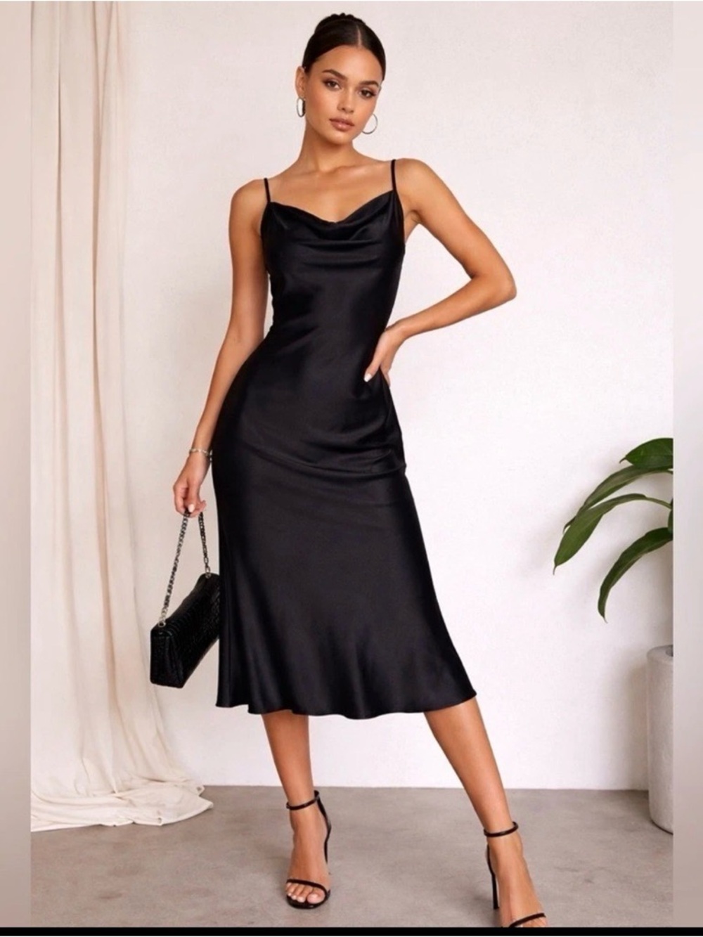 Vintage Bebe Slip Dress Black Midi Satin Cowl Neck 90s Y2k Grunge Goth USA M